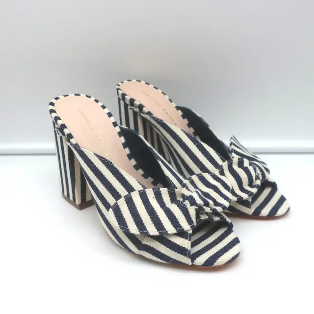 Loeffler Randall Bow Mules Navy/Cream Striped Canvas Size 6 Peep Toe Sandals