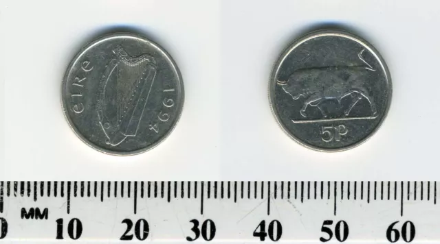 Ireland Republic 1994 - 5 Pence Copper-Nickel Coin - Irish Harp - Bull
