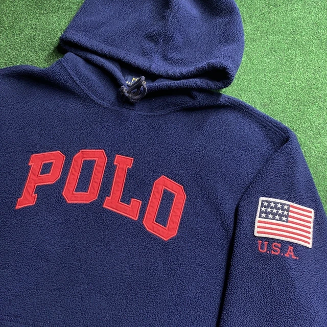 Vintage Polo Hoodie Mens XL Blue Ralph Lauren USA Flag Logo Fleece Sweatshirt