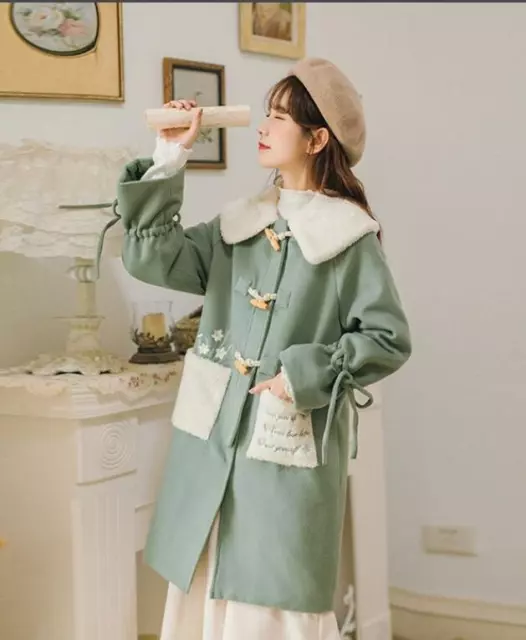 Women's Girls Fashion  Embroidery Wool Blend Lamb Fur Lolita Coat Overcoat SKGB