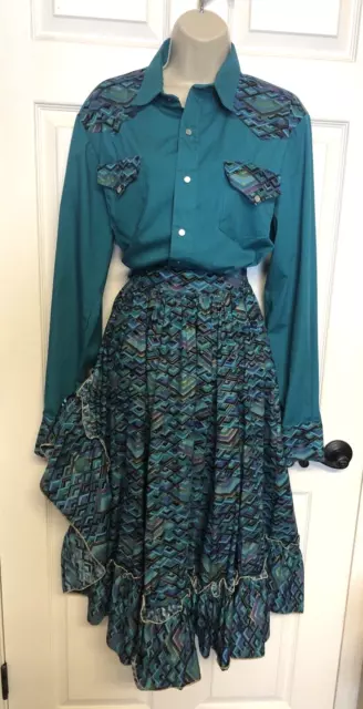 Vintage Square Dancing Outfit Western Wear Shirt & Skirt Pearl Snaps No Size Tag