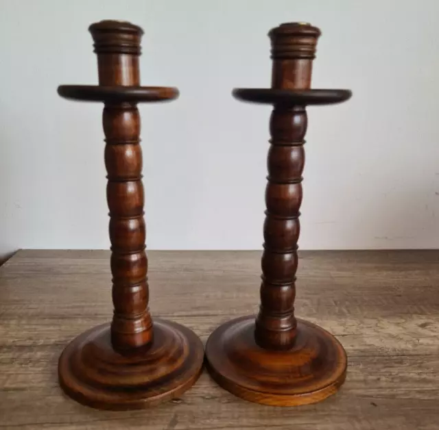 Pair Of Vintage Turned Wooden Candle Sticks With Brass Inserts - 31cm Tall