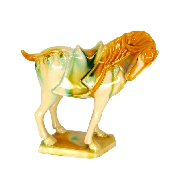 Vintage Chinese Tang Dynasty War Horse Figurine White Sancai Glaze Porcelain 5"