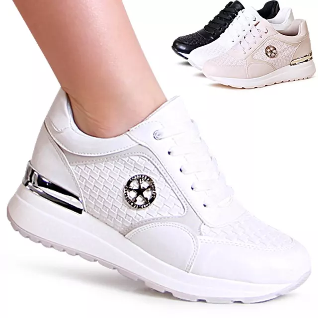 Femmes Semelle Compensée Baskets Chaussures Basses Plateforme de Sport Lace Up