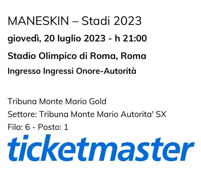 Biglietto MANESKIN Monte Mario GOLD - Roma 20 luglio 2023 Stadio Olimpico