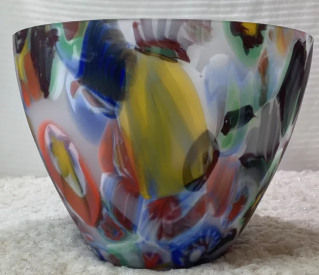 Millefiori Frosted Blown Art Studio Glass 9.25”x7.5” Centerpiece Bowl Murano ?