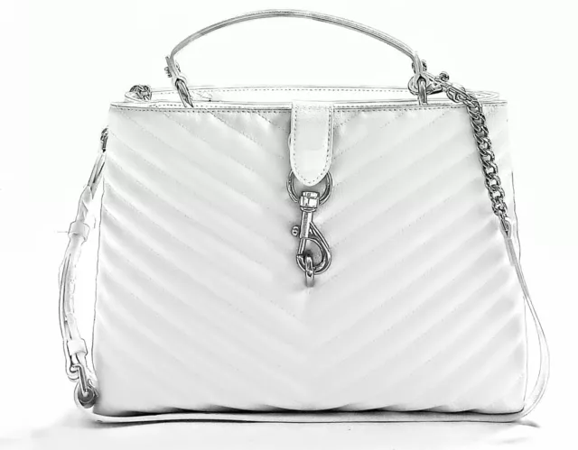 NWT REBECCA MINKOFF EDIE Large Top Handle Satchel in Quilted Leather Optic White