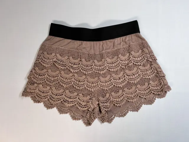Umgee Womens M Crochet Floral Elastic Waist Shorts Taupe Tan Brown