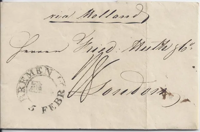 Bremen 1834, Schlüssel Stempel auf Porto Brief "via Holland" n. GB. #2631