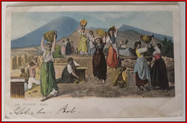 Cartolina antica illustrata Pompei scavi donne costumi piccola animata viaggiata