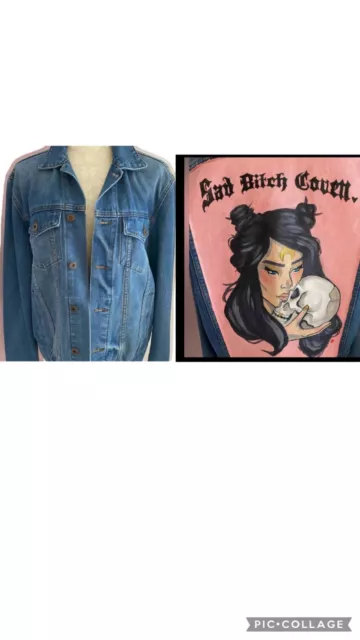 Denim jacket Hand painted jean jacket sz med pink background black hair & skull