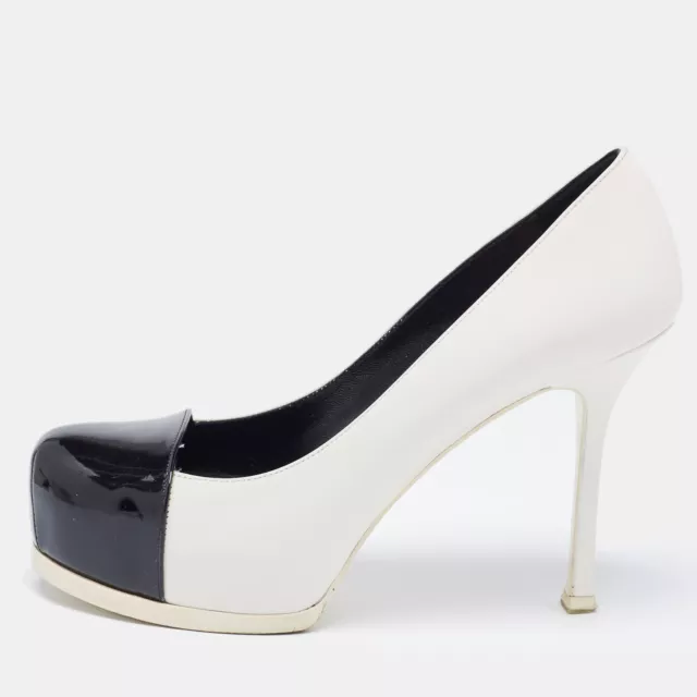 Saint Laurent Black/White Leather and Patent Tribtoo Pumps Size 37