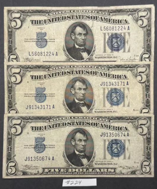 Lot of THREE $5 Silver Certificate Blue Seal 1934 Notes ~ Old $5 Dollar Bills