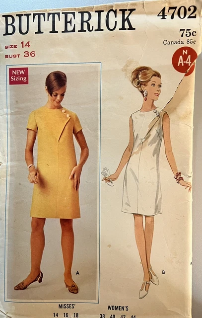 Vtg Butterick pattern 4702 Misses' Slim Dress with button trim size 14 bust 36
