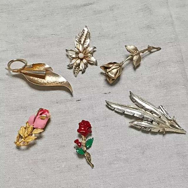 Vintage MCM Flowers and Garden Theme Gold Plated Brooch 6 Pin Lot