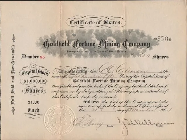 GOLDFIELD FORTUNE MINING CO    1904 stock certificate