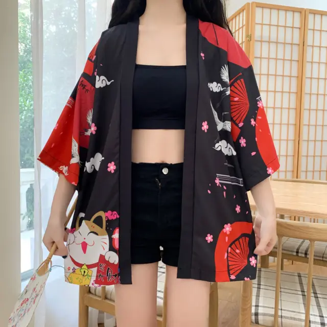 Women Girl Lucky Cat Japanese Kimono Jacket Retro Cardigan Coat Top Yukata Haori