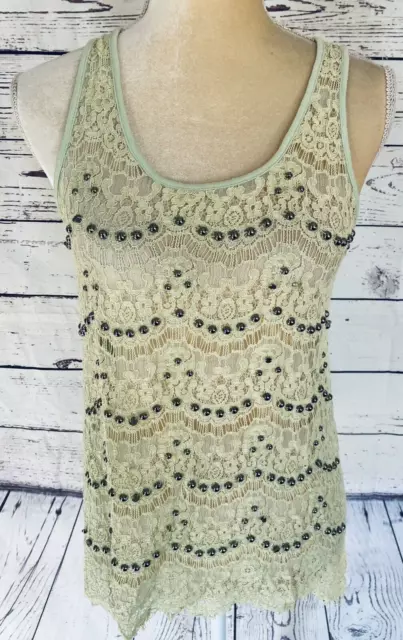 BKE Women’s Small Tank Top Mint Green Beaded Lace Overlay U Neck Soft