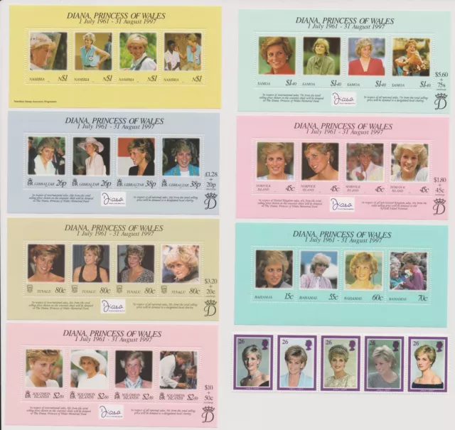 Princess Diana of Wales 7 Worldwide Souvenir Sheets All Unused with Bonus! |