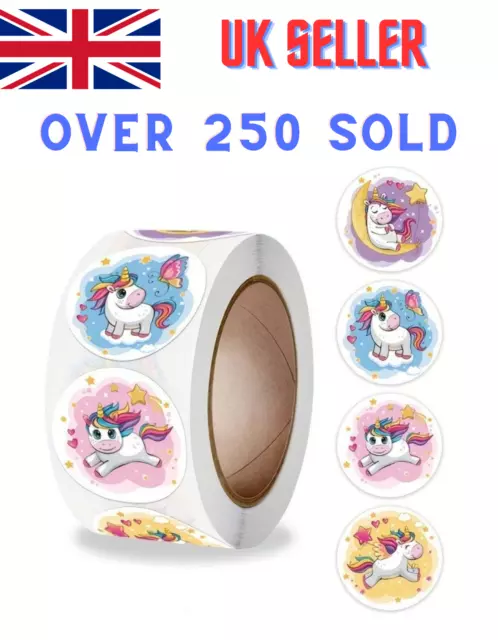 500 x Cartoon Unicorn Stickers on roll - perfect for parties and presents