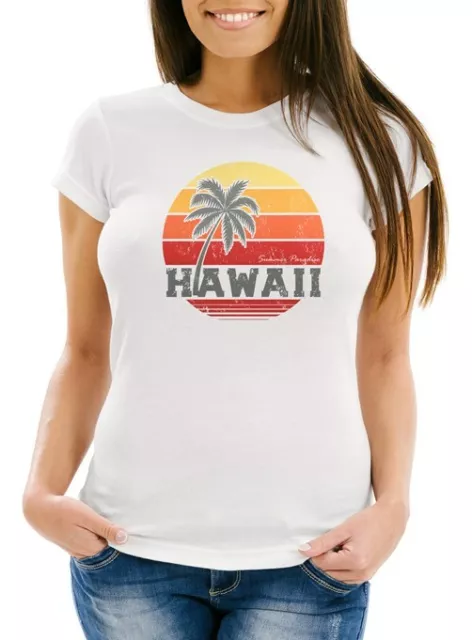 Damen T-Shirt Hawaii Palme Tropical Summer Retro Slim Fit Baumwolle Neverless®