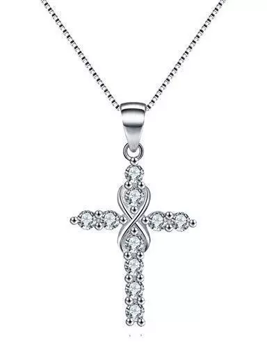 Women 925 Sterling Silver CZ Cubic Crystal Infinity Cross Pendant Necklace