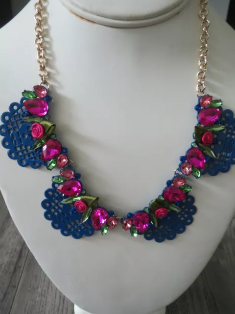 Betsey Johnson Blue Enamel Cutout Metal~Crystal & Fabric Rose Bib Necklace, NWT