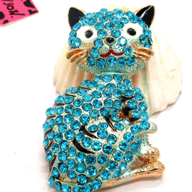 Hot Fashion Women Blue Bling Rhinestone Cute Cat Crystal Charm Brooch Pin