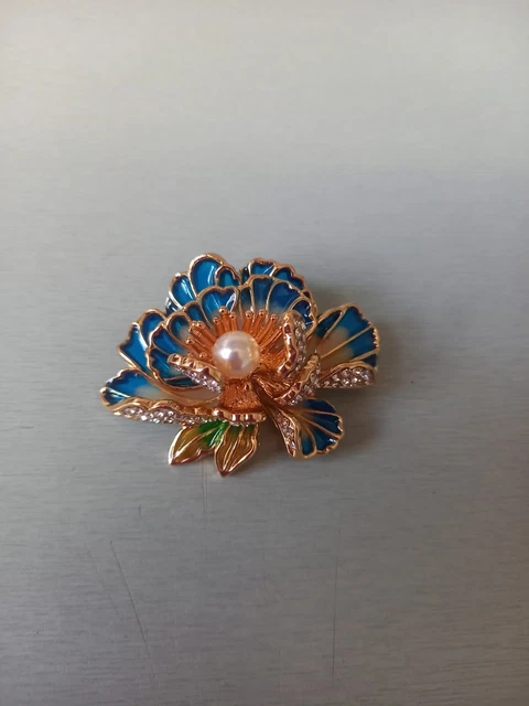 Broche Fleur Coccinelle Argenté Doré Strass Noir - Danecraft - 6 Cm - Vintage Neuf - États-Unis