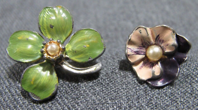 Vintage faux pearl enameled metal flower pin brooch + stud pin lot