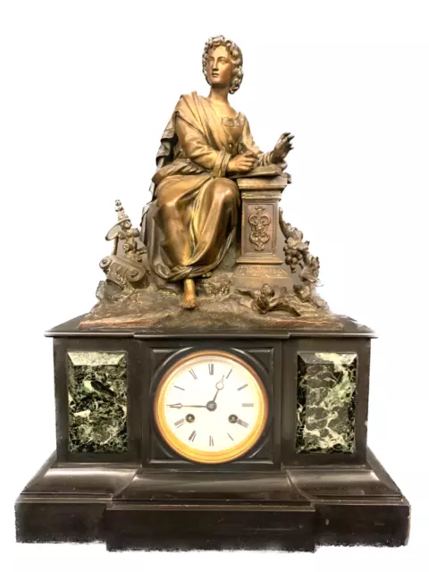 Antico orologio a pendolo scultura in bronzo marmo nero ed onice verde Francia e