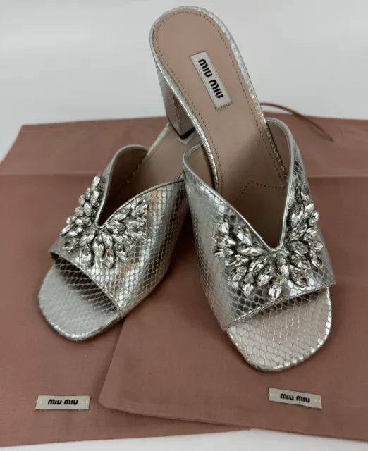 NEW MIU MIU Crystal-Embellished Snake-Embossed Leather Sandal  10B Silver Womens