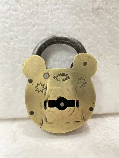 Old Antique James Williams Stars Engraved Unique Keyhole Brass Padlock With Key