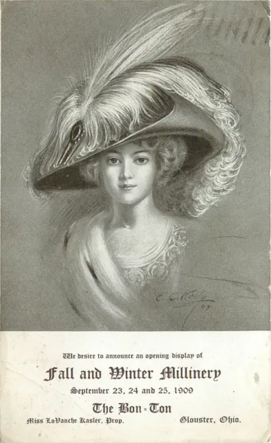 Postcard; Bon-Ton of Glouster OH Fall & Winter Millinery 1909 Lady in Huge Hat