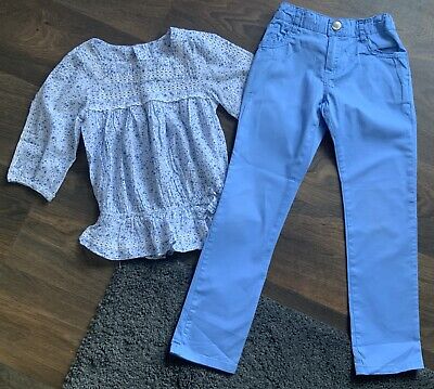 Mayoral Girls White/Blue Ditsy Floral Top & Blue Trousers Age 5-6 years WornOnce
