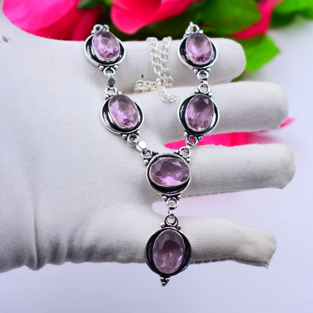 Collier En Argent Sterling 925 Avec Kunzite Rose - Fait Main, 36 Pouces, Pierre Précieuse