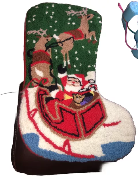 Vintage Needlepoint Christmas Stocking Santa Sleigh Reindeer 17"