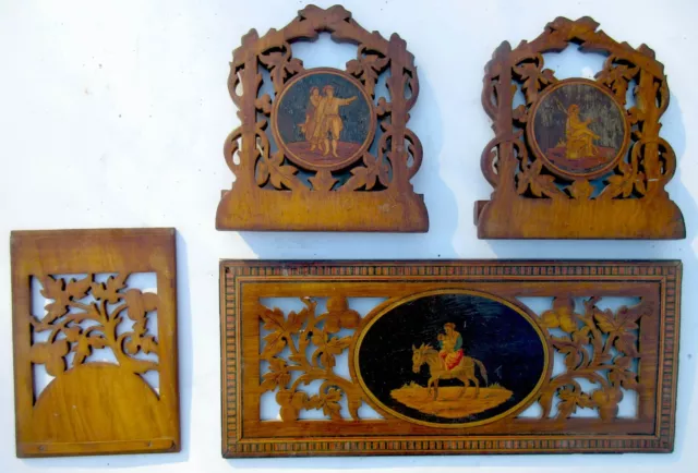 Antique 1800s European Carved Wooden Incrustation Plaques Piano Pupitres Set