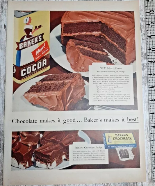 1954 Baker's Chocolate Vintage Print Ad Cake Frosting Brownies Dessert Baking