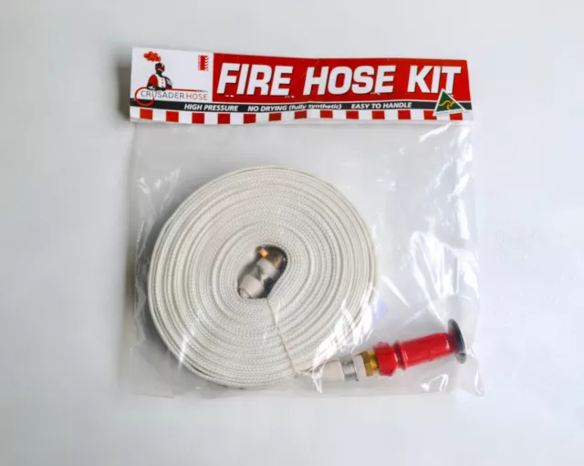 Fire hose kit CRUSADER 15m x 38mm perco layflat canvas fitted with fog nozzle.