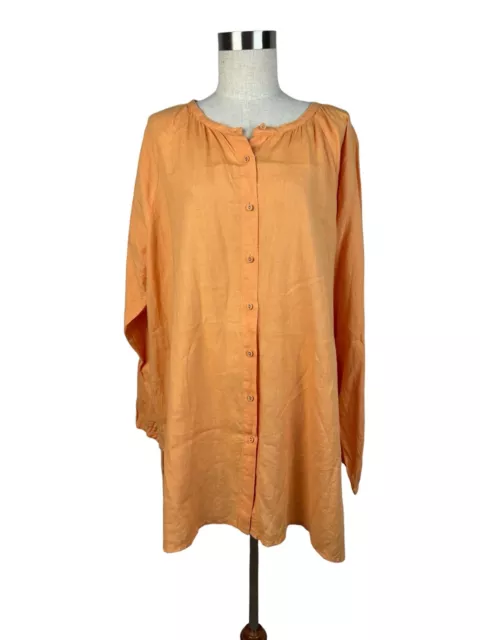 Eileen Fisher Orange Irish Linen Button Up Tunic Blouse Long Sleeve Size XL