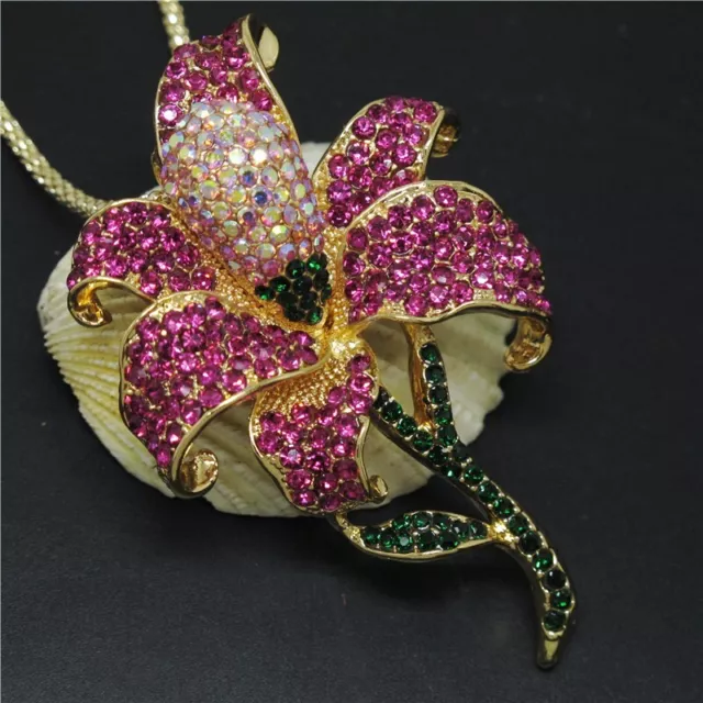 Betsey Johnson Orchid Rhinestone Pink Lavender Flower Crystal Pendant Necklace