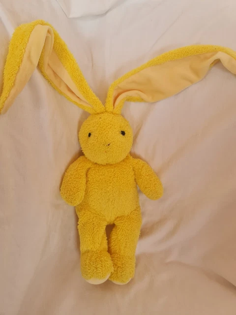 DOUDOU PELUCHE AJENA LAPIN JAUNE GRANDE OREILLE 30/60 CM TTBE ancien modèle