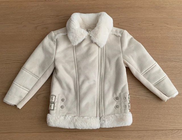 Giacca da aviatore River Island per bambine finta pelle scamosciata crema taglia 18-24 Mths