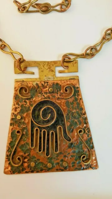 Arts Crafts Copper Brass Large Hand Pendant Necklace Mexico Artisan Handcrafted