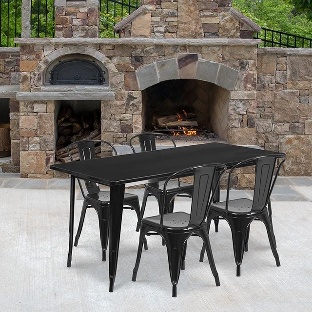 Commercial Grade 31.5" x 63" Rectangular Black Metal Indoor/Outdoor Table Set w/