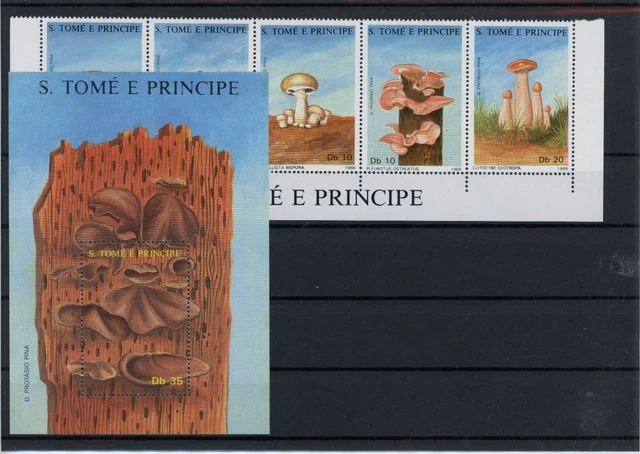 Sao Tomé Principe 5er Streifen 1043-1047, Block 178 postfrisch Pilze #JO622