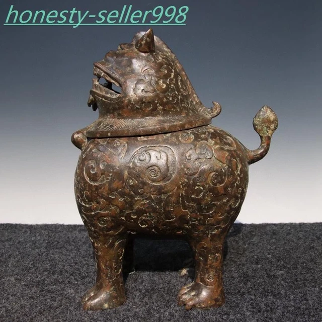 11" Old China bronze ware wealth lucky lion foo dog statue Incense burner censer