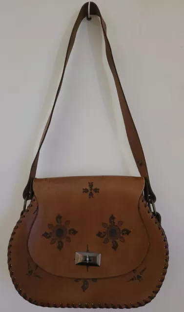 Vintage Hand Tooled Tan Leather Shoulder Bag Boho Hippie Retro