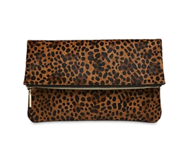 Fold Over Clutch - Leopard & Black with Burgundy Lining